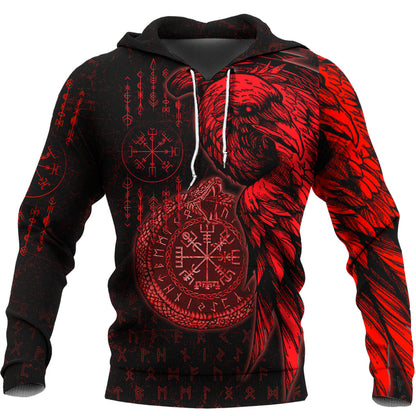 Viking Style Hoodie - Raven and Ouroboros Brush Style Hoodie A35