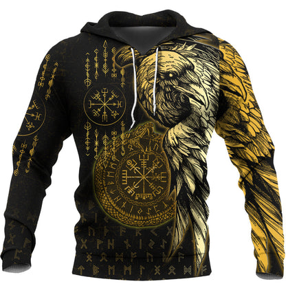 Viking Style Hoodie - Raven and Ouroboros Brush Style Hoodie A35