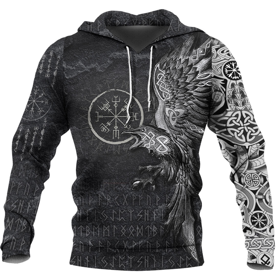 Viking Style Hoodie - Vegvisir With Raven - Viking Compass Hoodie A7