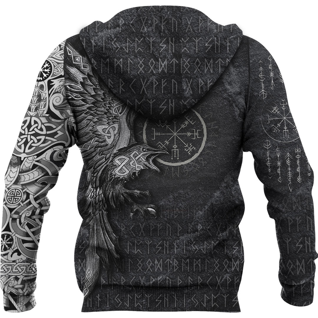 Viking Style Hoodie - Vegvisir With Raven - Viking Compass Hoodie A7