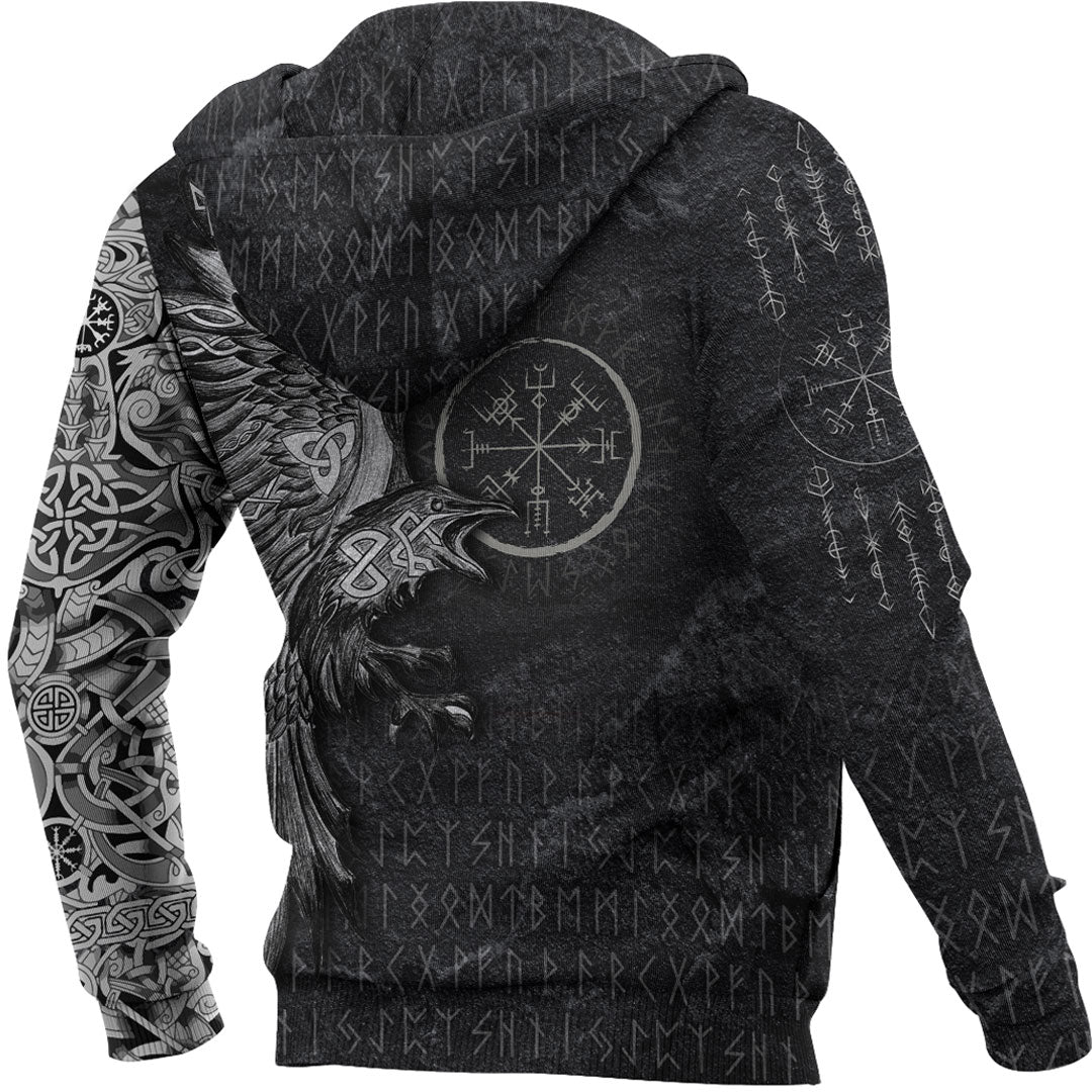 Viking Style Hoodie - Vegvisir With Raven - Viking Compass Hoodie A7