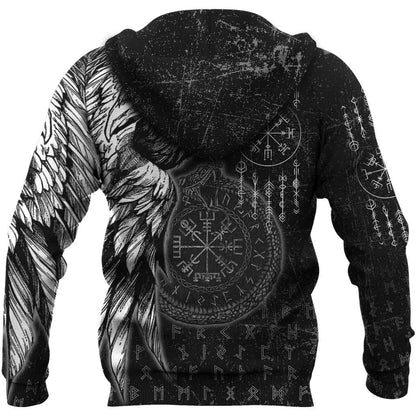 Viking Style Hoodie - Raven and Ouroboros Brush Style Hoodie A35