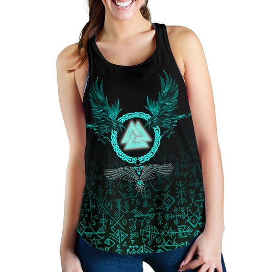 Viking Women's Racerback Tank Three Raven and Valknut Cyan A27