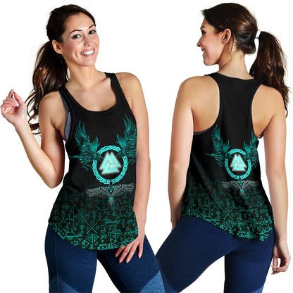 Viking Women's Racerback Tank Three Raven and Valknut Cyan A27