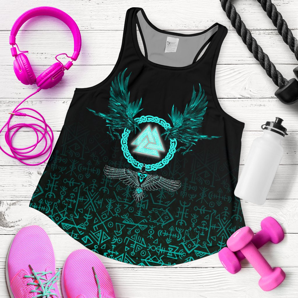 Viking Women's Racerback Tank Three Raven and Valknut Cyan A27