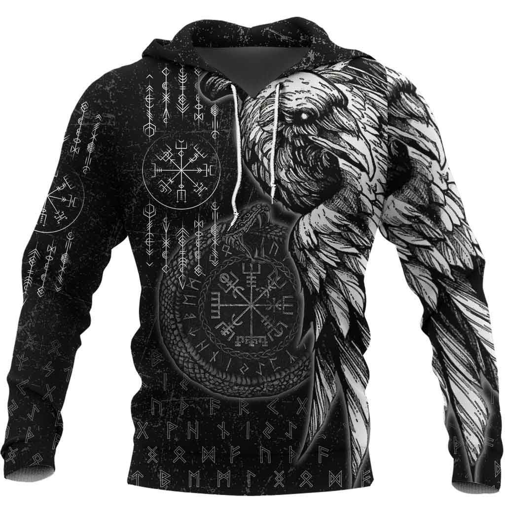 Viking Style Hoodie - Raven and Ouroboros Brush Style Hoodie A35