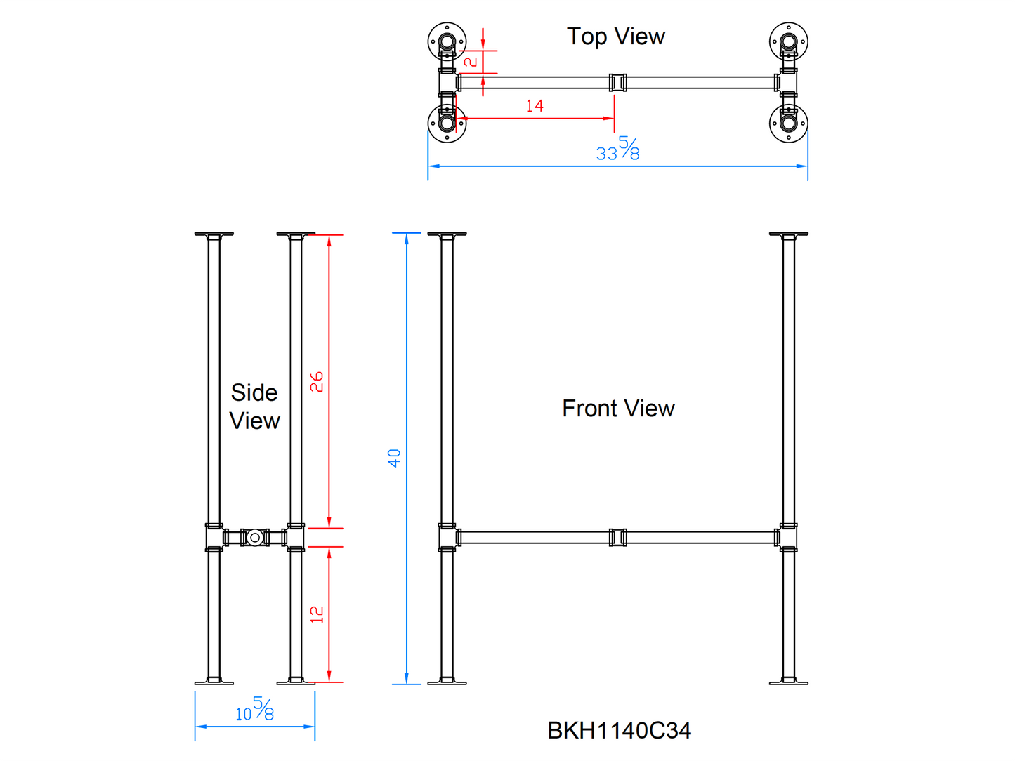 H40" x W11", Pipe Table Legs For Bar Table, 1 Set, #BKH1140C