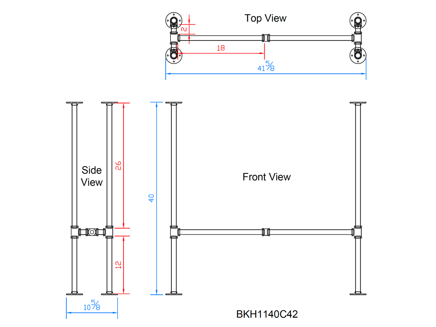 H40" x W11", Pipe Table Legs For Bar Table, 1 Set, #BKH1140C