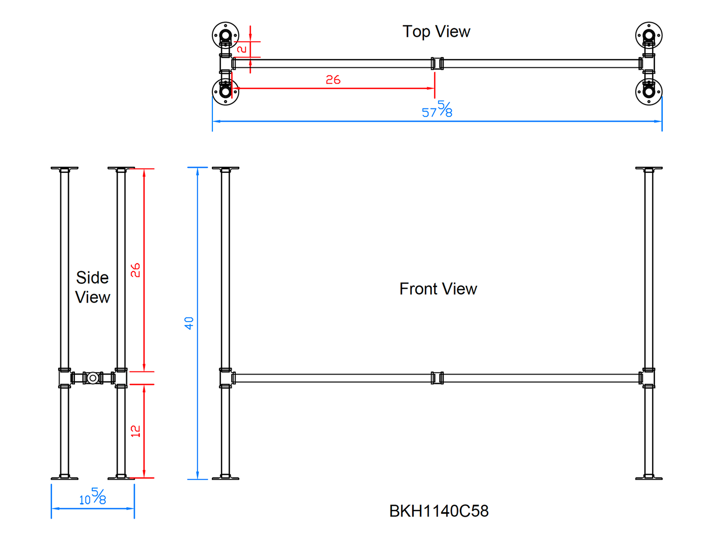 H40" x W11", Pipe Table Legs For Bar Table, 1 Set, #BKH1140C