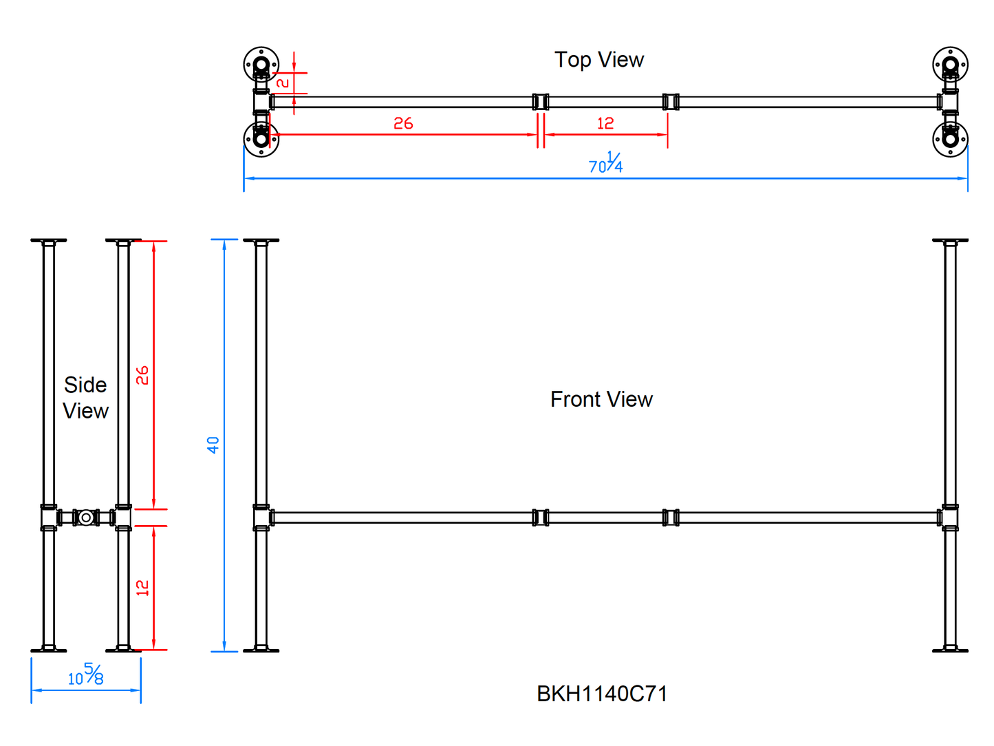 H40" x W11", Pipe Table Legs For Bar Table, 1 Set, #BKH1140C