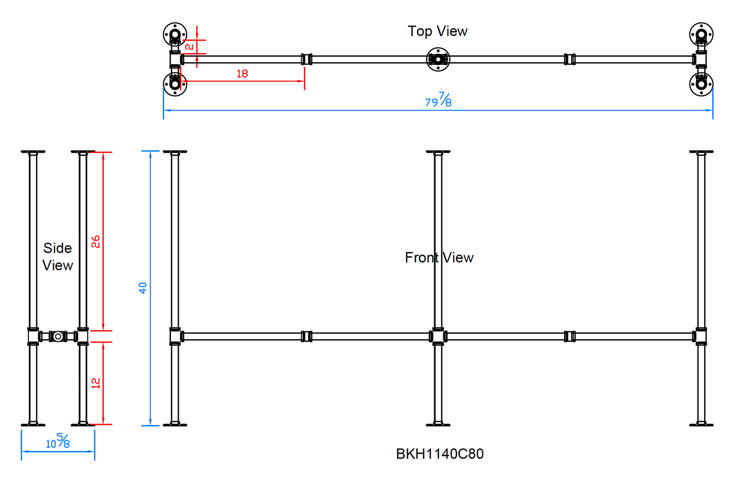 H40" x W11", Pipe Table Legs For Bar Table, 1 Set, #BKH1140C