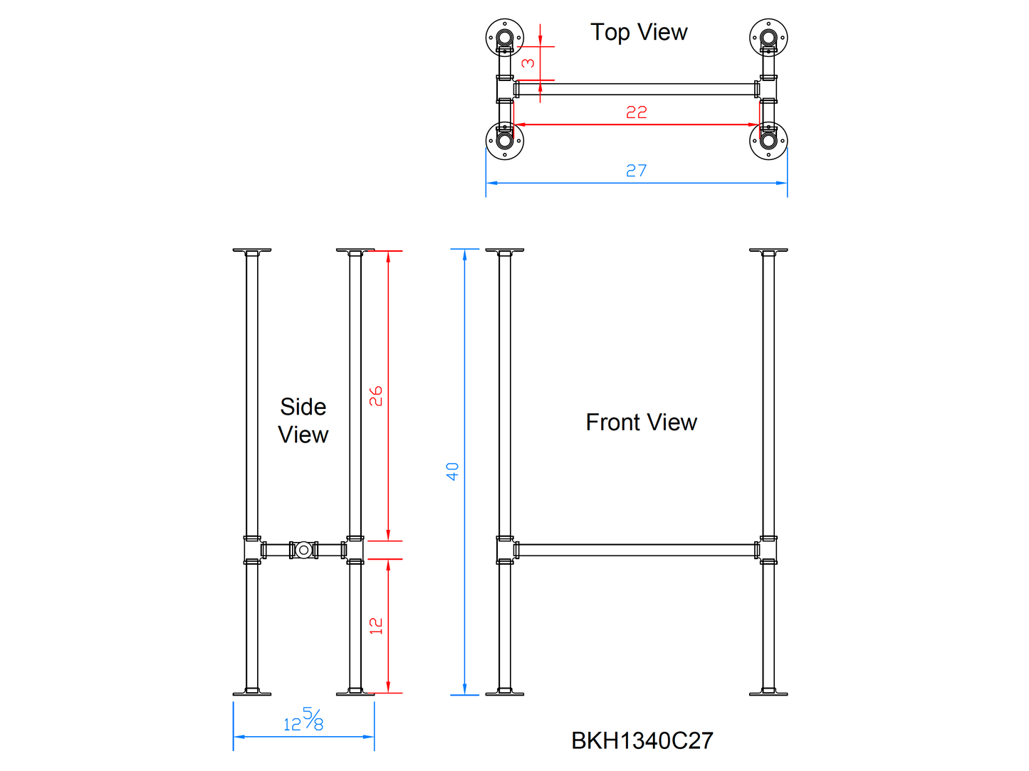 H40" x W13", Pipe Table Legs For Bar Table, 1 Set, #BKH1340C