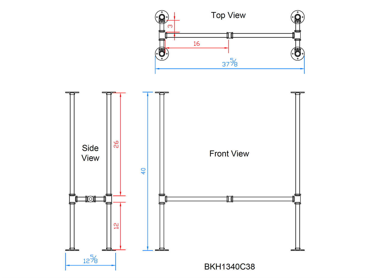 H40" x W13", Pipe Table Legs For Bar Table, 1 Set, #BKH1340C