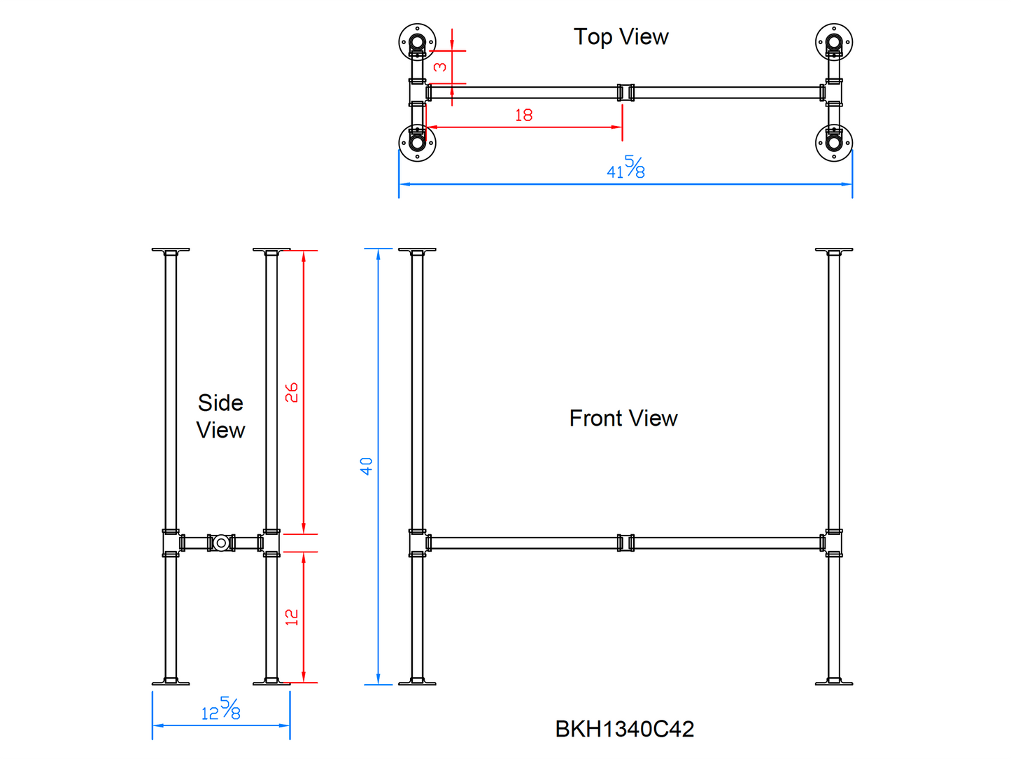 H40" x W13", Pipe Table Legs For Bar Table, 1 Set, #BKH1340C