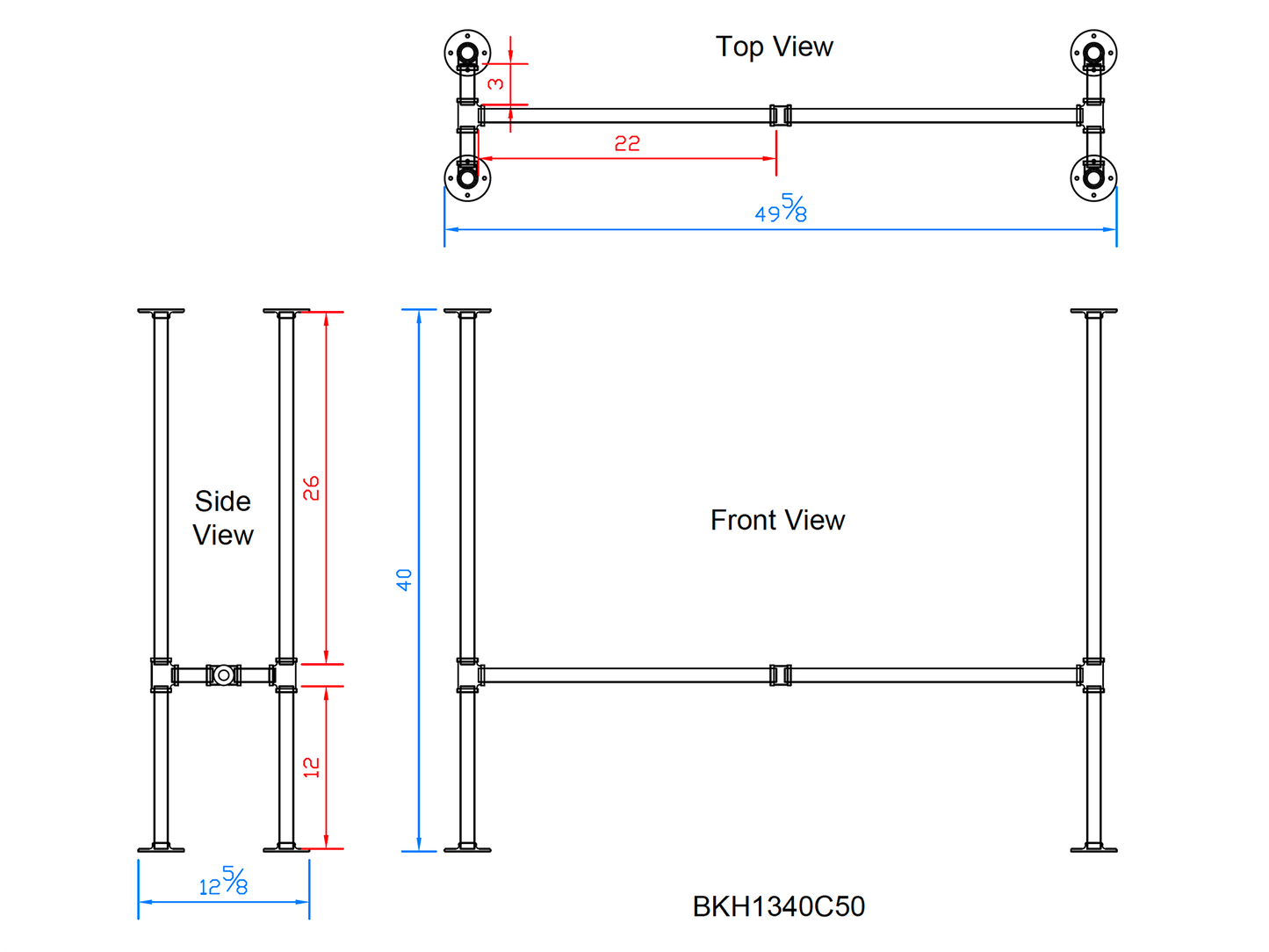 H40" x W13", Pipe Table Legs For Bar Table, 1 Set, #BKH1340C