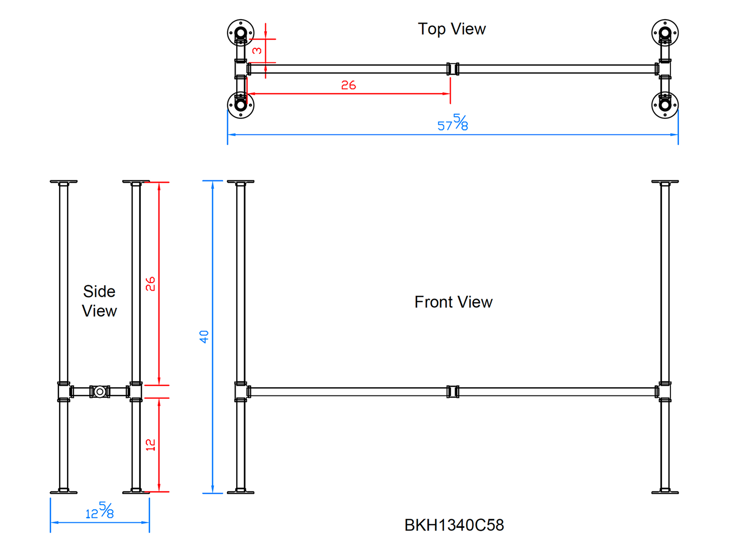 H40" x W13", Pipe Table Legs For Bar Table, 1 Set, #BKH1340C