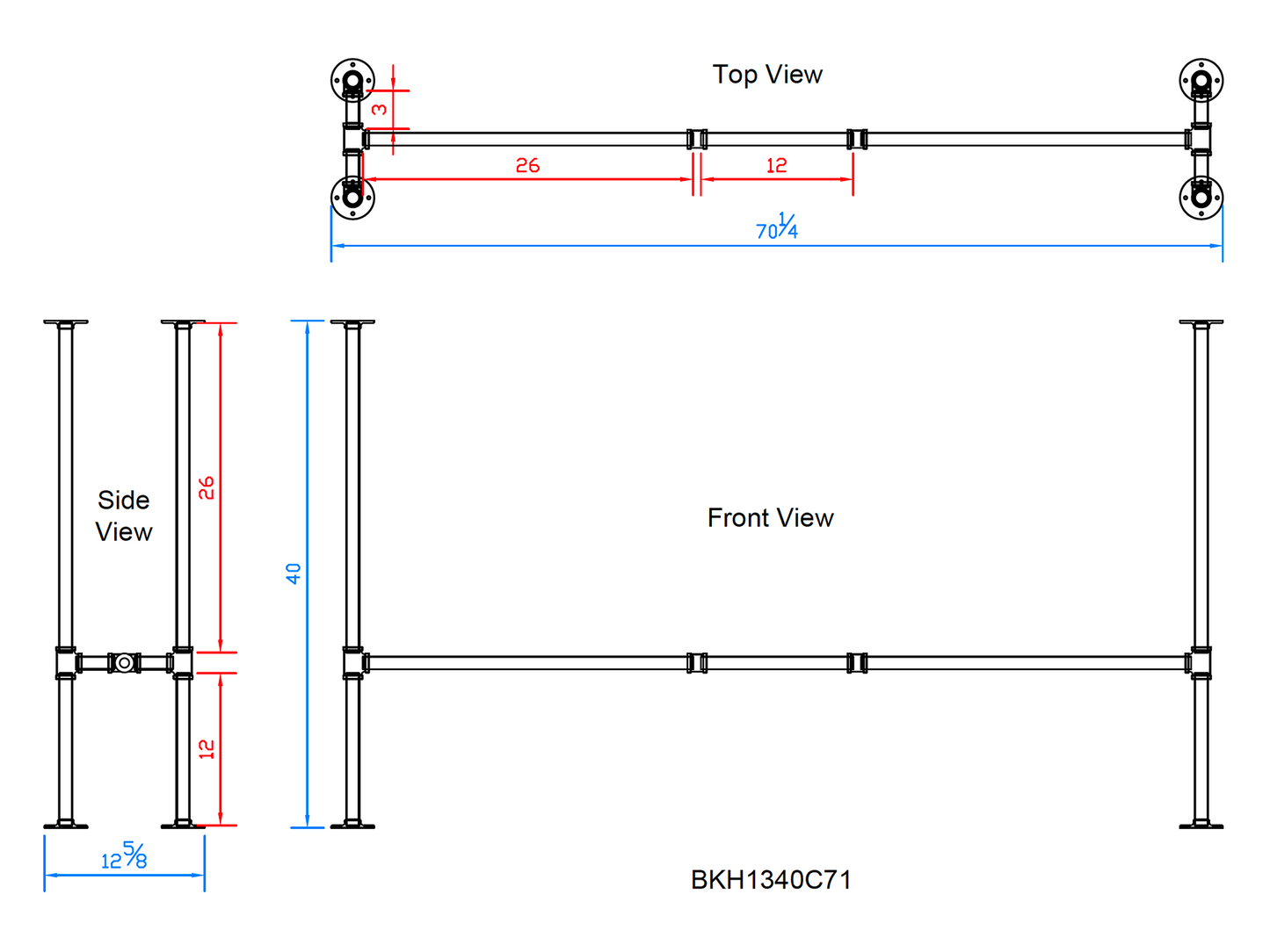 H40" x W13", Pipe Table Legs For Bar Table, 1 Set, #BKH1340C