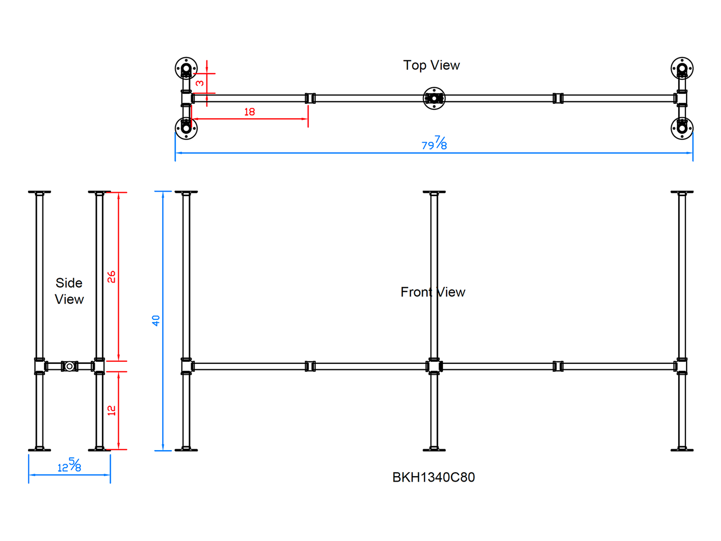 H40" x W13", Pipe Table Legs For Bar Table, 1 Set, #BKH1340C