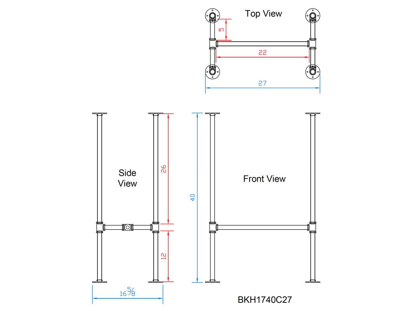 H40" x W17", Pipe Table Legs for Bar Table, 1 Set, #BKH1740C