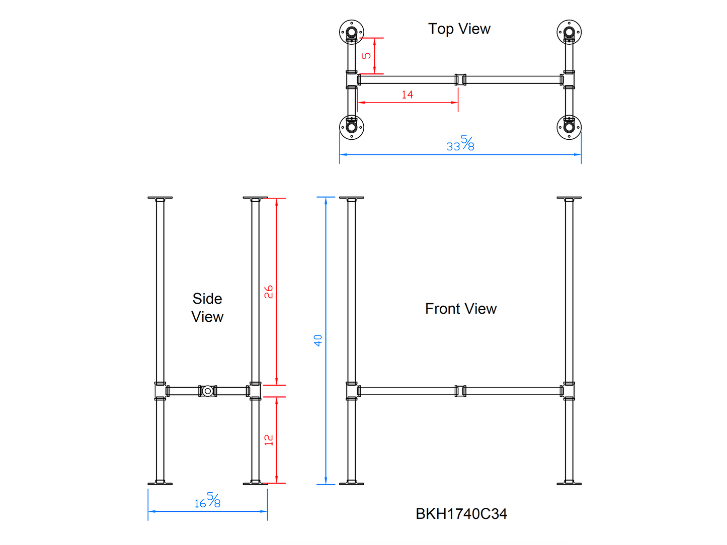 H40" x W17", Pipe Table Legs for Bar Table, 1 Set, #BKH1740C