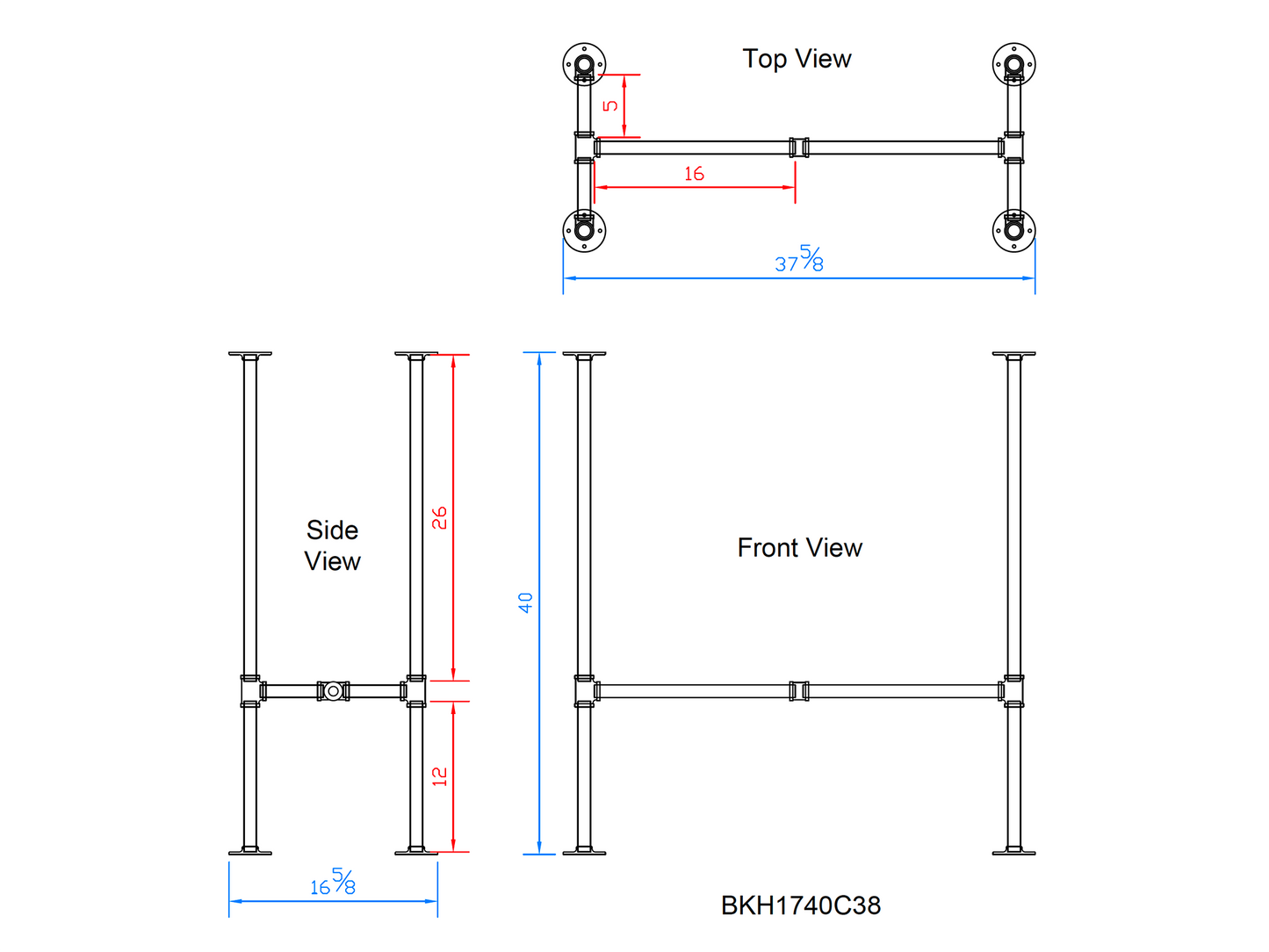 H40" x W17", Pipe Table Legs for Bar Table, 1 Set, #BKH1740C