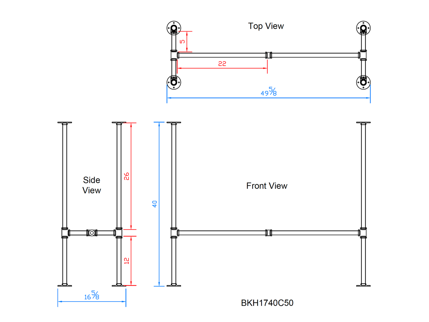 H40" x W17", Pipe Table Legs for Bar Table, 1 Set, #BKH1740C