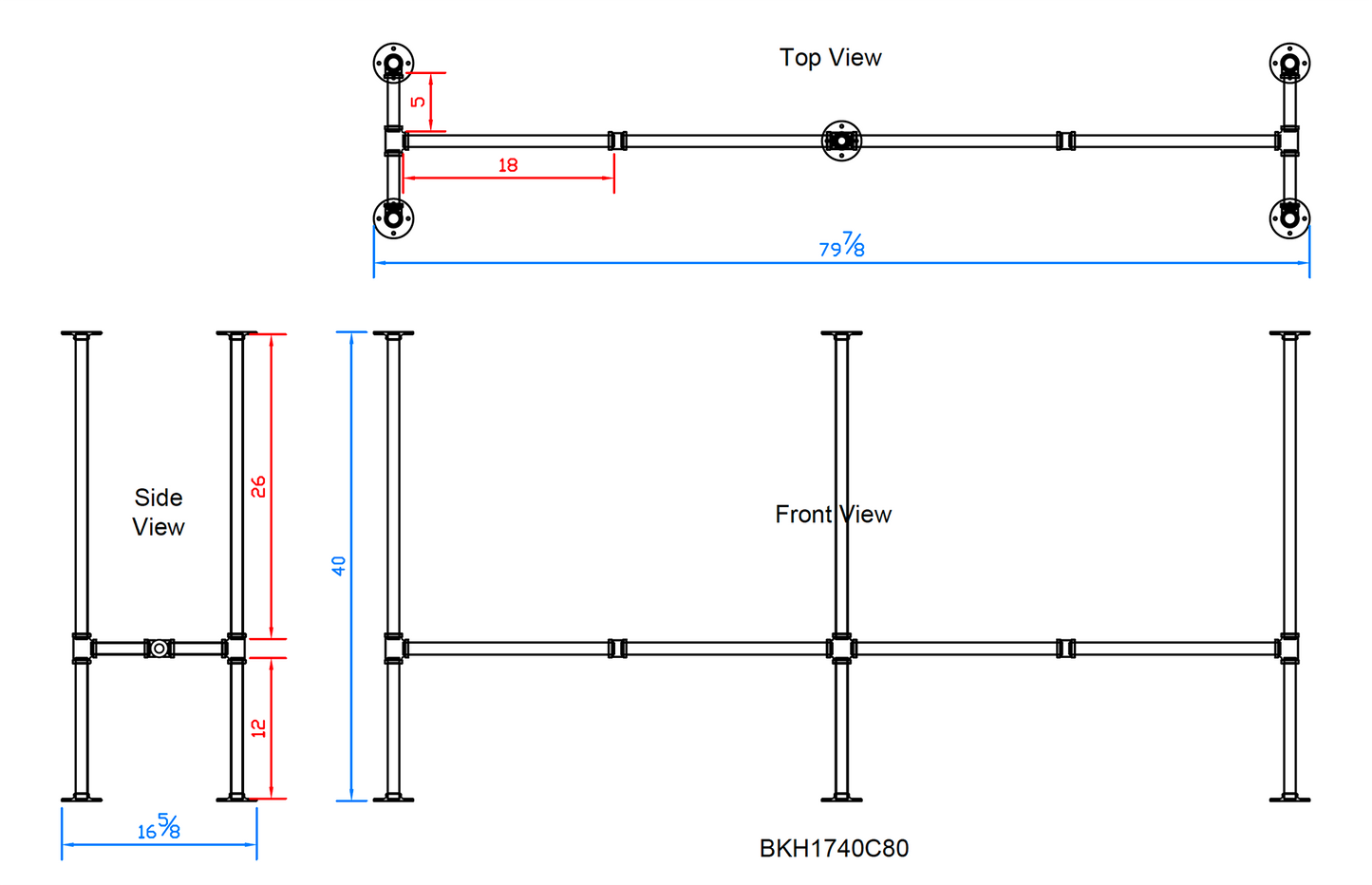 H40" x W17", Pipe Table Legs for Bar Table, 1 Set, #BKH1740C