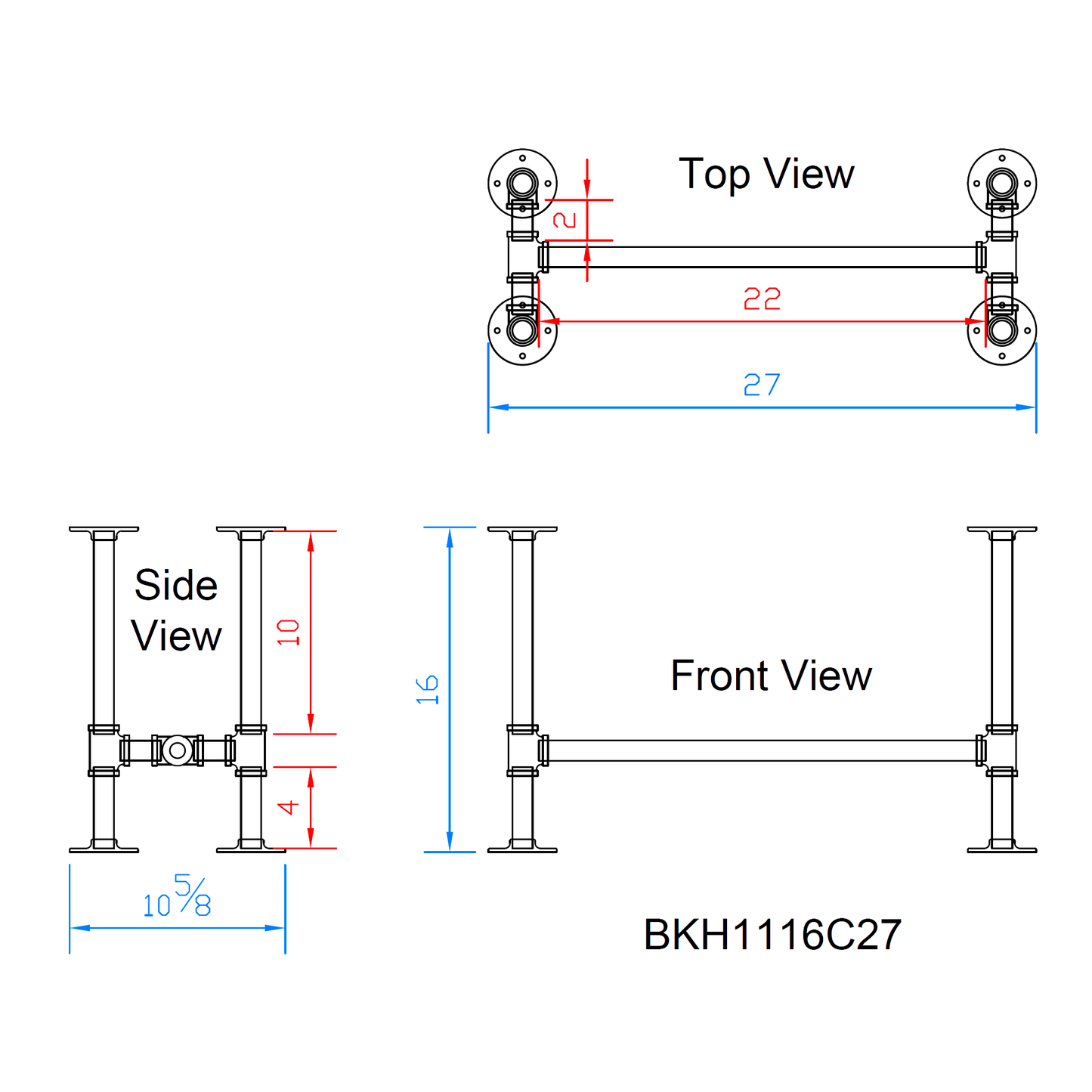 H16" x W11", Pipe Table Legs for Bench or Coffee Table, 1 Set, #BKH1116C