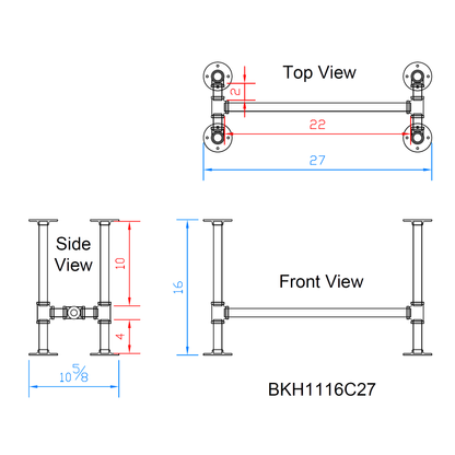 H16" x W11", Pipe Table Legs for Bench or Coffee Table, 1 Set, #BKH1116C