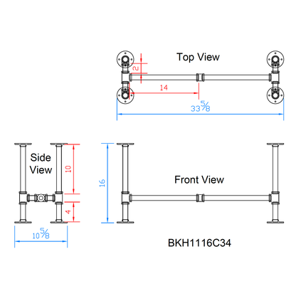 H16" x W11", Pipe Table Legs for Bench or Coffee Table, 1 Set, #BKH1116C