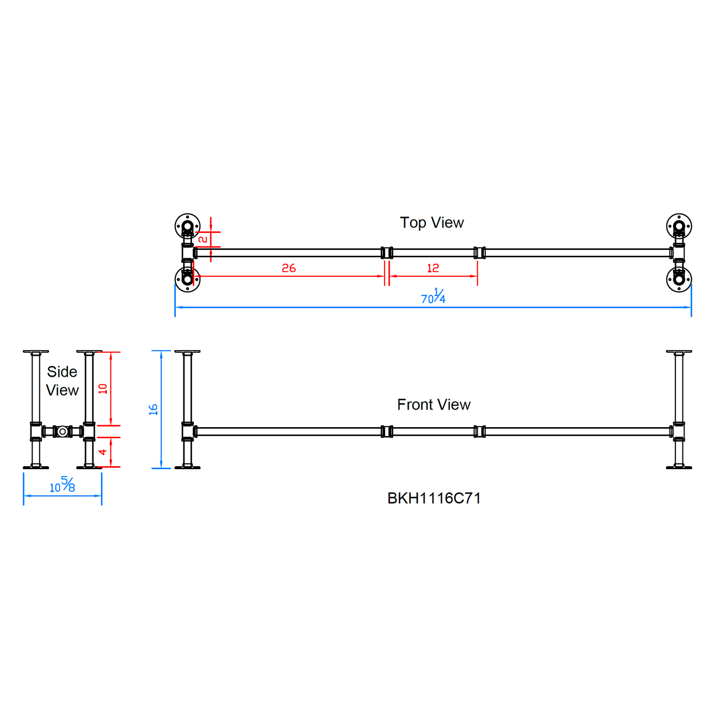 H16" x W11", Pipe Table Legs for Bench or Coffee Table, 1 Set, #BKH1116C